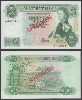 Mauritius 25 Rupees 1967 (1978) Unc Crisp Banknote Specimen P - Cs1 Qeii