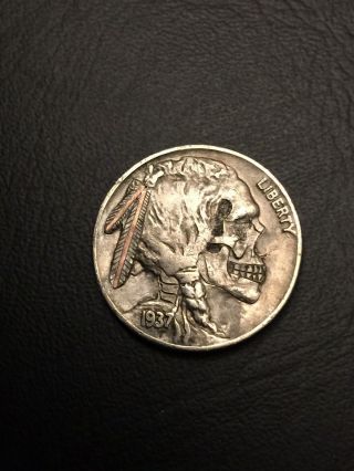 Hobo Nickel Hand Carved Engraved Ohns Classic Style Copper Inlay Skull
