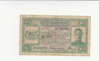 1 Rupee Fine Banknote From British Colony Of Mauritius 1940 Pick - 26 Rare