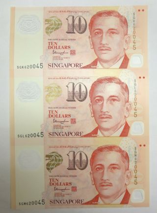 Singapore 3 In 1 Uncut Sheet $10 Ten Dollars Polymer Banknote,  2015 / 2016,  Unc