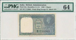 Government Of India India 1 Rupee 1940 Black S/no Pmg 64