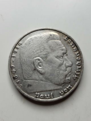 1936 - D Nazi Germany 5 Mark Coin - Eagle & Hindenburg - Silver