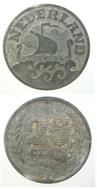 Netherlands 25 Cents 1941 Dutch Wwii German Occupation 84 World Coin Money