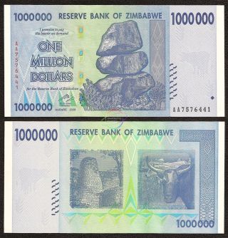 Zimbabwe 1000000 1,  000,  000 1 Million Dollars Aa Prefix 2008 P - 77 Unc