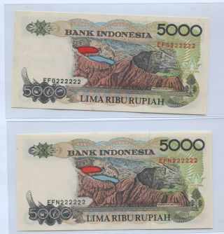 Indonesia 1992 Series 5000 Rupiah Solid Number Efn 222222,  Efg 222222