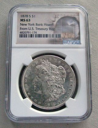 1878 S $1 Morgan Dollar York Bank Hoard U.  S.  Treasury Bag Ngc Ms 63;h860