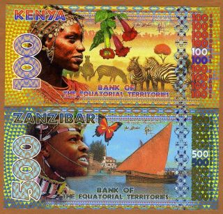 Set,  Equatorial Territories,  100;500 E Francs Kenya,  Zanzibar Polymer 2015,  Unc