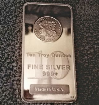 Morgan Dollar Logo.  999 Fine Silver Bar 10 Troy Ounces 10oz