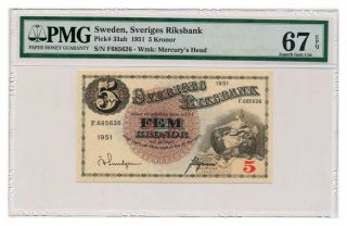 Sweden Banknote 5 Kronor 1951.  Pmg Ms - 67 Epq