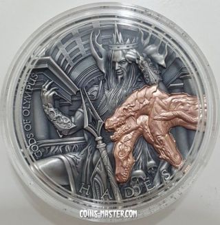 2018 2 Oz Silver Niue $5 HADES,  GODS OF OLYMPUS Coin WITH 24K ROSE GOLD GILDED. 3