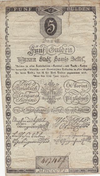 5 Gulden Vg Banknote From Austrian Empire/hungary 1806 Rare