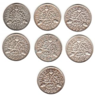 1930,  1931,  1932,  1933,  1934,  1935,  1936 Great Britain Silver Threepence.