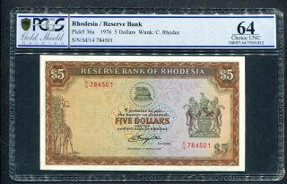 1976 Rhodesia $5 Five Dollars - M14 784501 - Graded Pcgs 64 Gem Unc P36a