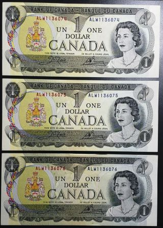3x 1973 Canada $1 One Dollar Bills,  Consecutive Serials,  Lightly Circulated