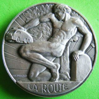 Art Deco Nude Man Holding Car Bus Transport Route Bronze Medal By Ray Pelletier