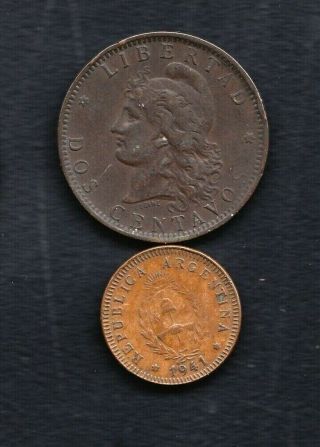 2 Argentina Coins,  2 Centavos 1941,  Dos Centavos 1890