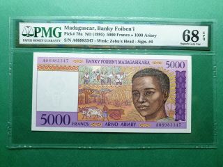 1995 Madagascar 5000 Francs P 78a Pmg 68epq Gem Unc " High "
