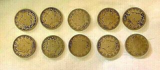 10 Liberty V Nickels 1901,  1903,  1906,  1907,  1908,  1909,  1910,  1911,  1911,  1912