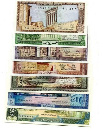 Lebanon 1 5 10 25 50 100 250 Livres 1980 - 1988 Unc Set Of 7