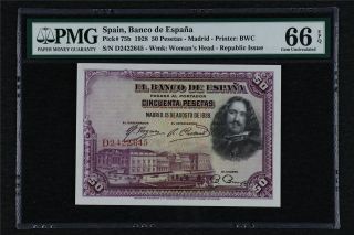 1928 Spain Banco De Espana 50 Pesetas - Madrid Pick 75b Pmg 66 Epq Gem Unc