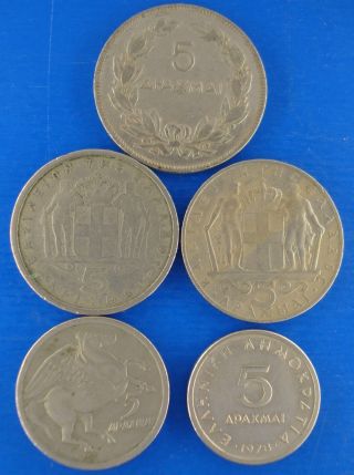 Greece 5 Drachmai Five Coins 1930,  1954,  1970,  1973,  1978.
