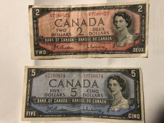 1954 Canadian Five 5 Dollar Bill And Two Dollar Bill Circulated Canada