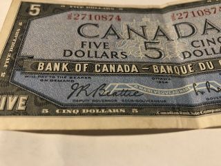 1954 Canadian Five 5 Dollar Bill and Two Dollar Bill Circulated Canada 2