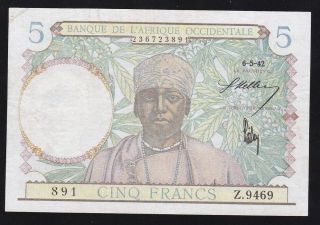 French West Africa - - - - 5 Francs 1942 - - - - - Vf - - - - -