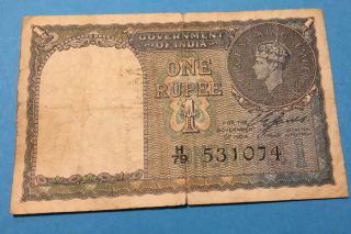 British India 1940 1 Rupee Banknote (p - 25a) Low Grade Circulated - Tears
