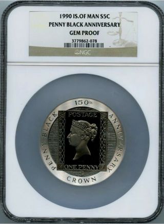 Isle Of Man 1990 Ngc Gem Proof Penny Black 5 Oz Silver Coin In Case