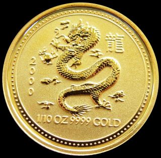 2000 Gold Australia $15 Dollar 1/10 Oz Lunar Year Of The Dragon In Capsule