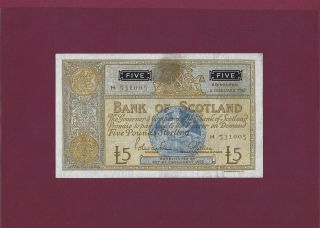 Bank Of Scotland 5 Pounds 1967 P - 106 Vf,