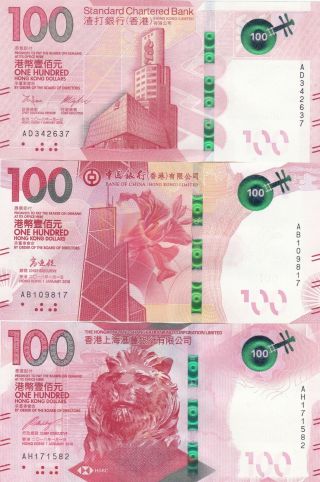 Hong Kong 100 Dollars 3 Banks Set 2018 (2019) Unc P -
