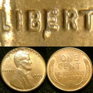 1955 - P Unique " Bie " Die Chip Error Uncirculated Lincoln Wheat Cent
