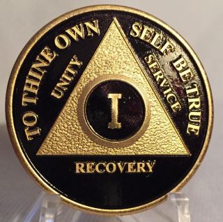 1 Year Black Gold Plated Aa Chip Alcoholics Anonymous Medallion Sobriety Coin
