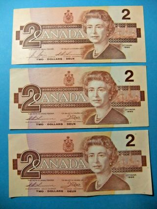 3x 1986 Bank Of Canada 2 Dollar Notes - Ef Or Higher -