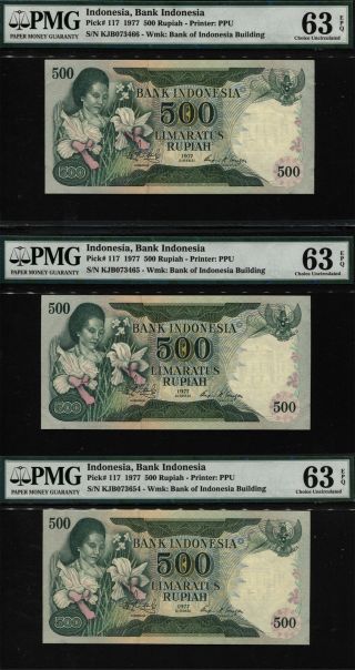 Tt Pk 117 1977 Indonesia Bank Indonesia 500 Rupiah Pmg 63 Epq Set Of Three