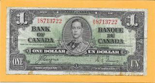 1937 Canadian 1 Dollar Bill B/n8713722 (circulated)