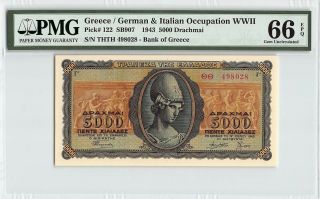 Greece/ Occupation Wwii 1943 P - 122 Pmg Gem Unc 66 Epq 5000 Drachmai