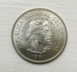 1961 Uruguay 10 Pesos Gaucho Hero Uncirculated Brilliant Silver Foreign Coin