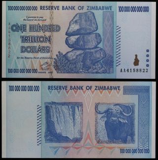 Zimbabwe 100 Trillion Dollars,  2008 Aa Series Uncirculated Banknote Collectible