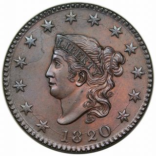1820 Coronet Head Large Cent,  Large Date,  N - 13,  R1,  Unc Detail