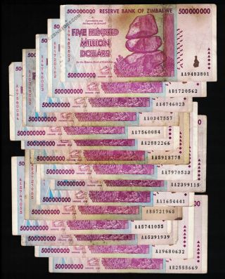 15 X 500 Million Zimbabwe Dollars Bank Notes Aa Ab 2008 Currency 15pcs