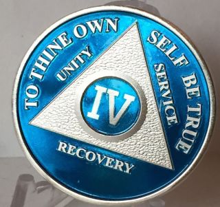 Blue Silver Plated 4 Year Aa Chip Alcoholics Anonymous Medallion Coin Four