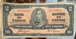 Bank Of Canada King George 1937 2 Dollar Banknote Coyne Towers Combined