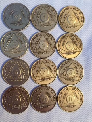 Set Of 12 Monthly Bronze Aa Alcoholics Anonymous Medallion Month 1 - 11 & 24hrs