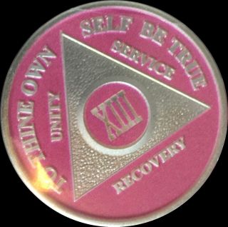 Pink & Silver Plated 13 Year Aa Chip Alcoholics Anonymous Medallion Coin
