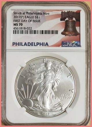 2017 (p) S$1 American Silver Eagle Ngc Ms70 First Day Issue Liberty Bell Label