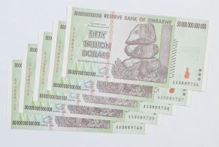 5 Consecutive 50 Trillion Dollar Zimbabwe Uncirculated Notes 2008 Authentic 639