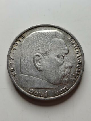 1935a Hindenburg 5 Mark German Nazi Eagle Germany Ww2 Coin 90 Silver